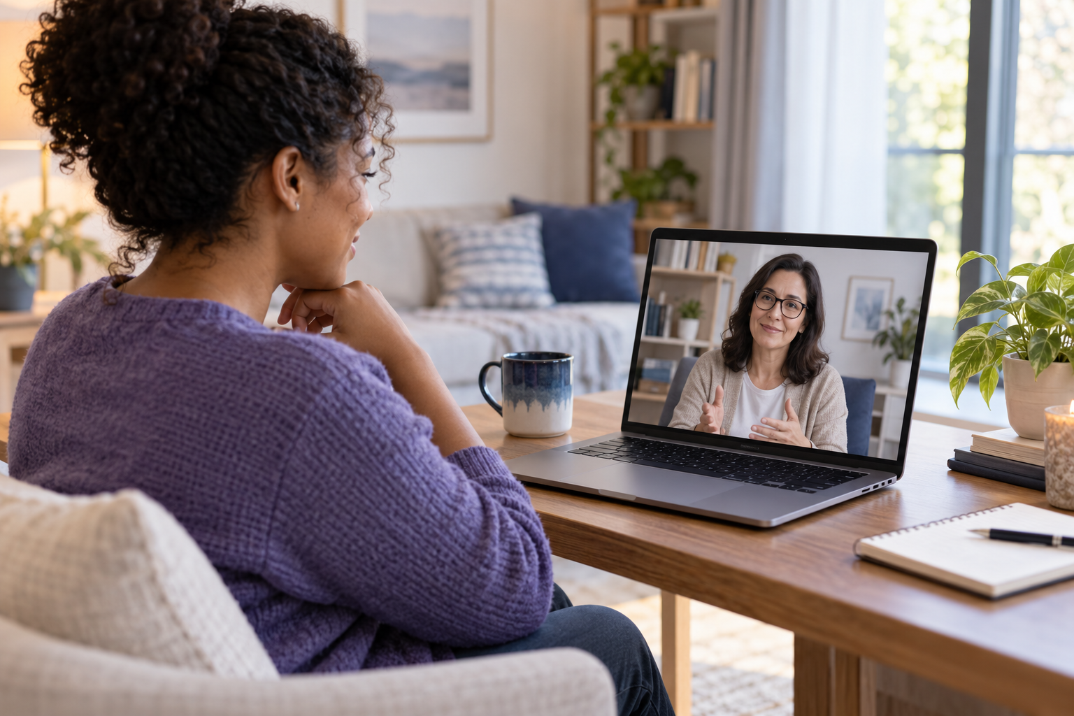 A patient speaking with a psychotherapist during a private video session at home