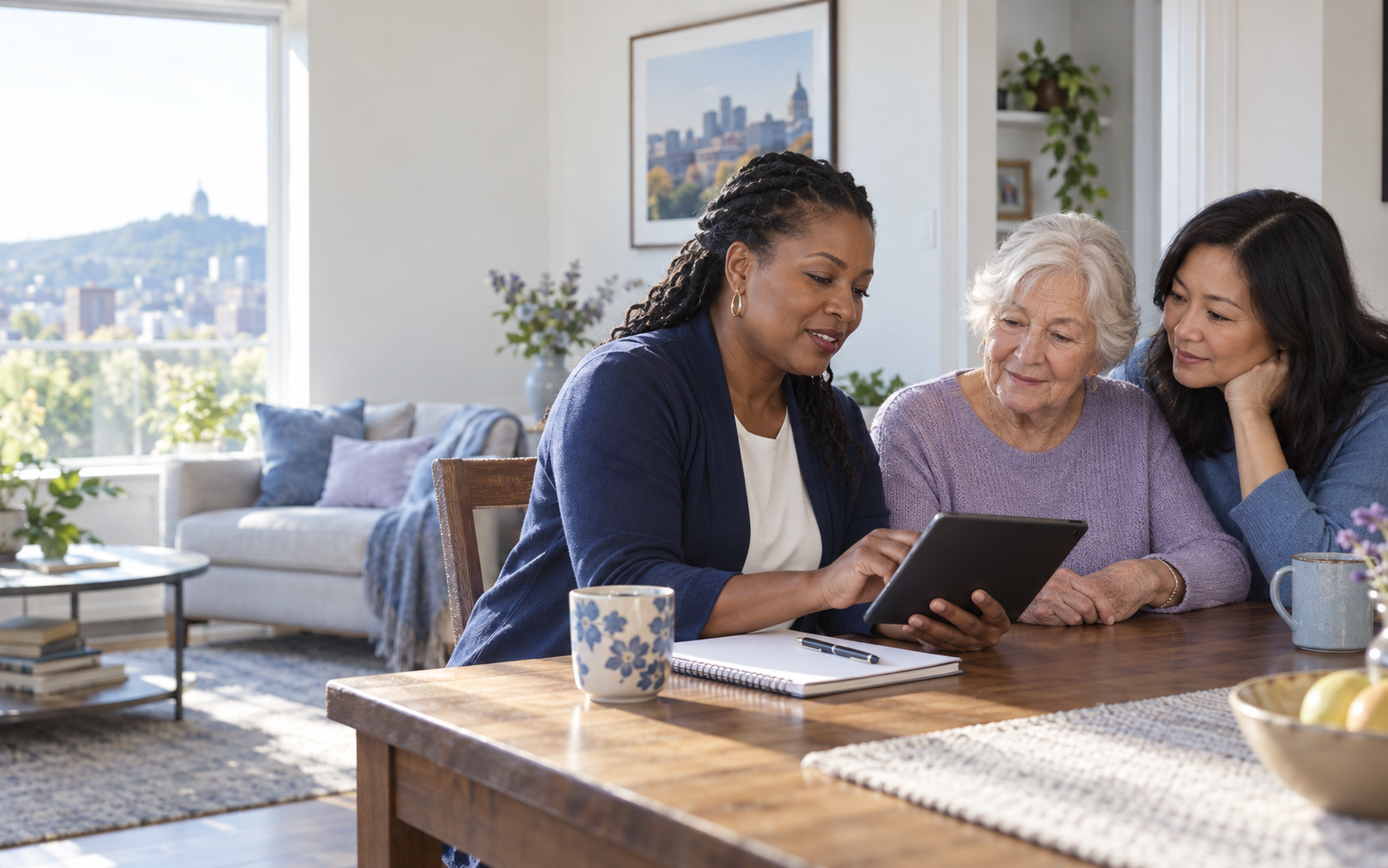 A care coordinator reviewing next steps with a patient and family caregiver at home