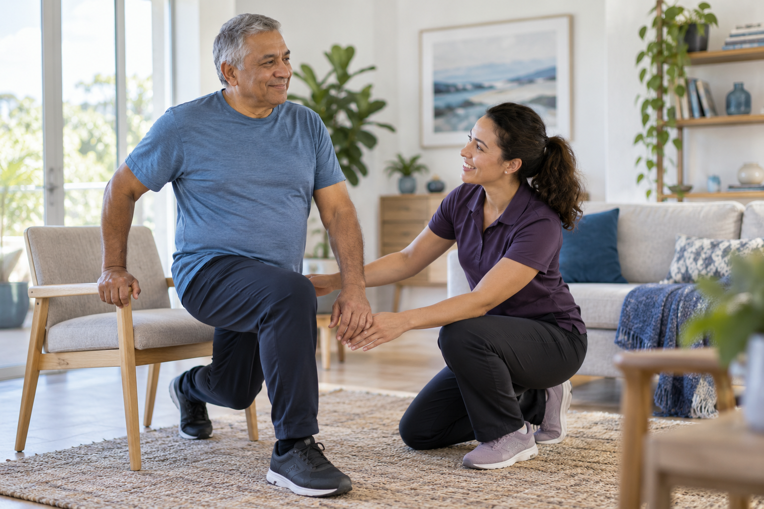 An allied-health professional supporting an adult with gentle mobility exercises at home