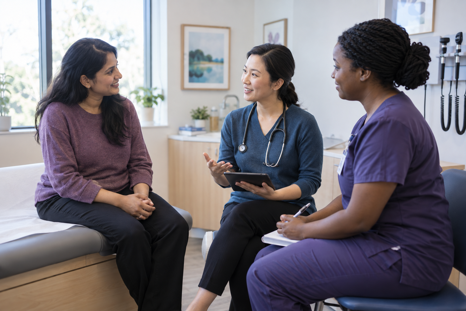 A patient speaking with a family physician and clinic nurse about follow-up
