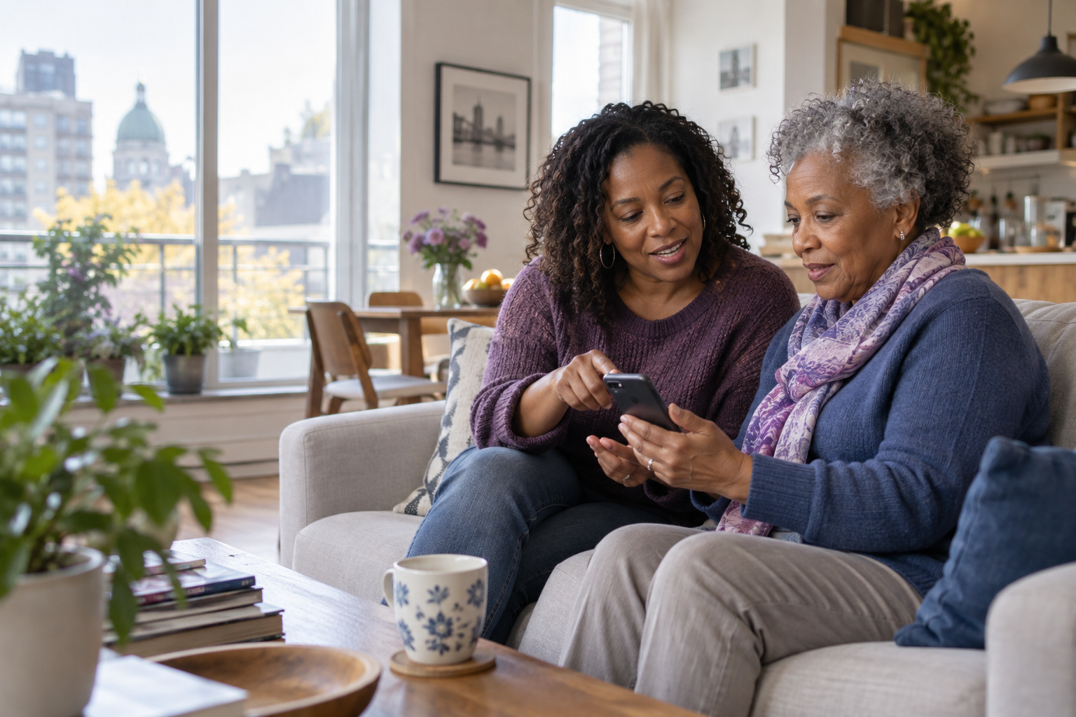 An adult daughter and her mother reviewing care information together at home