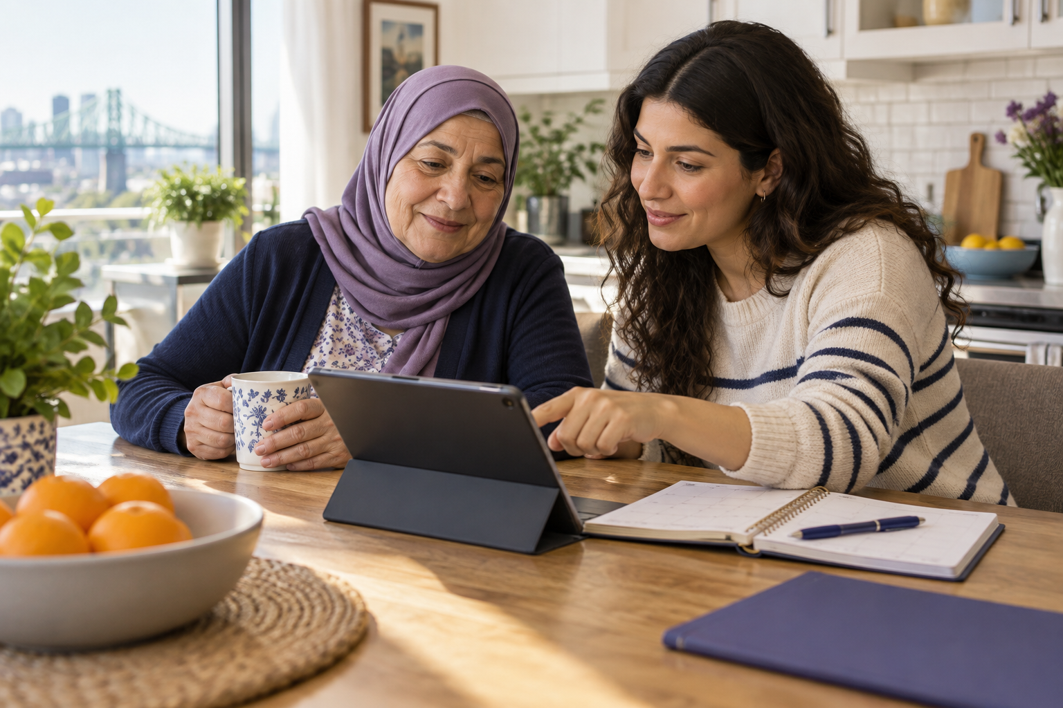 An older woman and her daughter coordinating care together at home