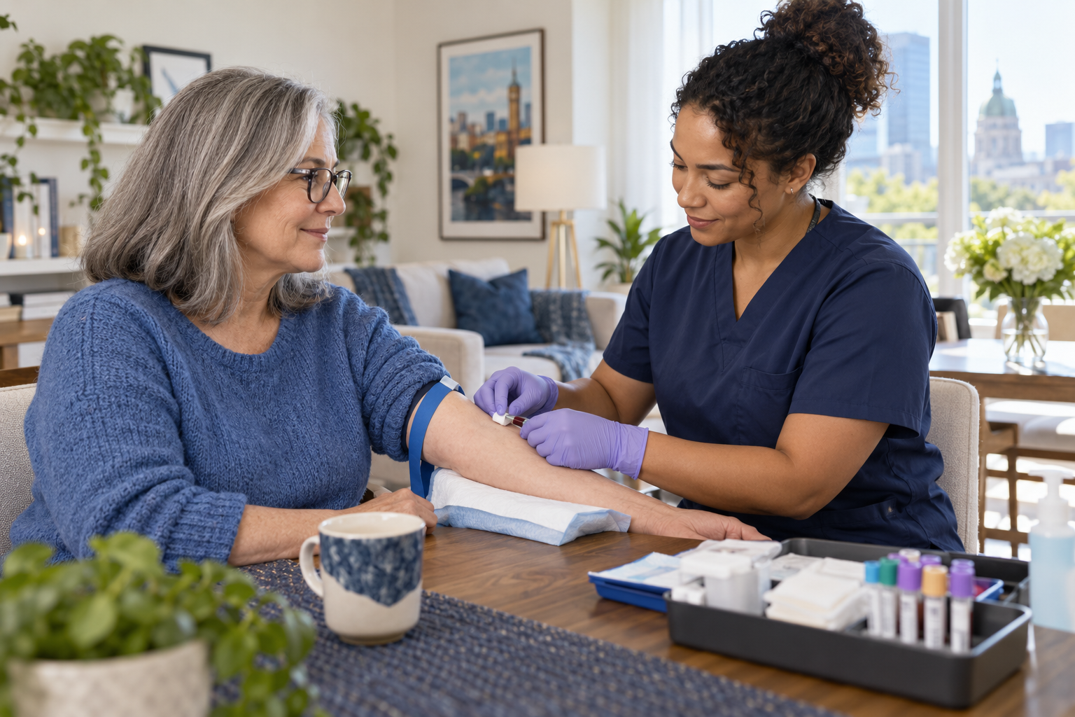 A nurse providing a routine blood draw in a patient’s home