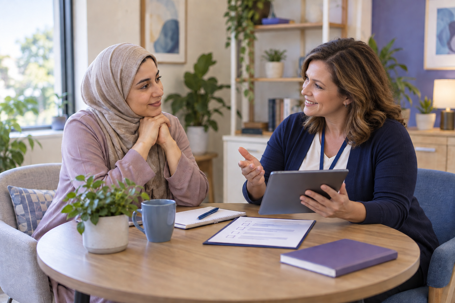 A patient and support professional discussing follow-up and next steps