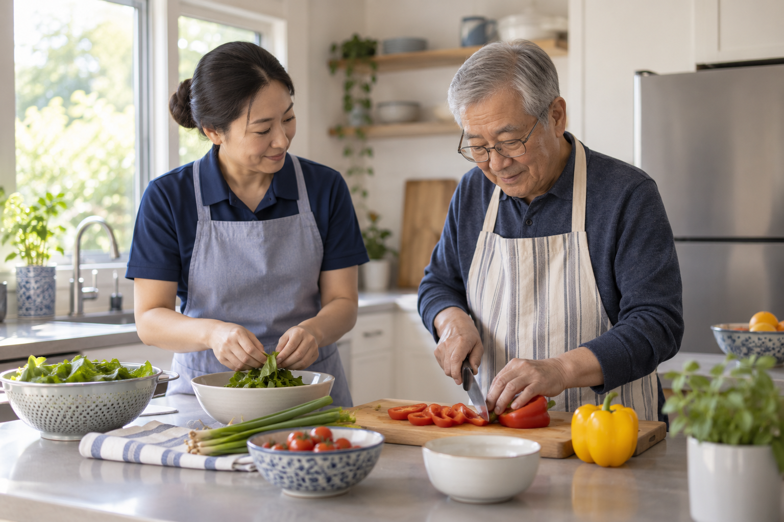 A personal-support professional helping an older adult prepare a meal at home
